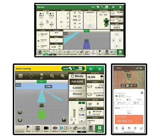 Screenshots of the John Deere Grain Harvest Weight Sharing feature