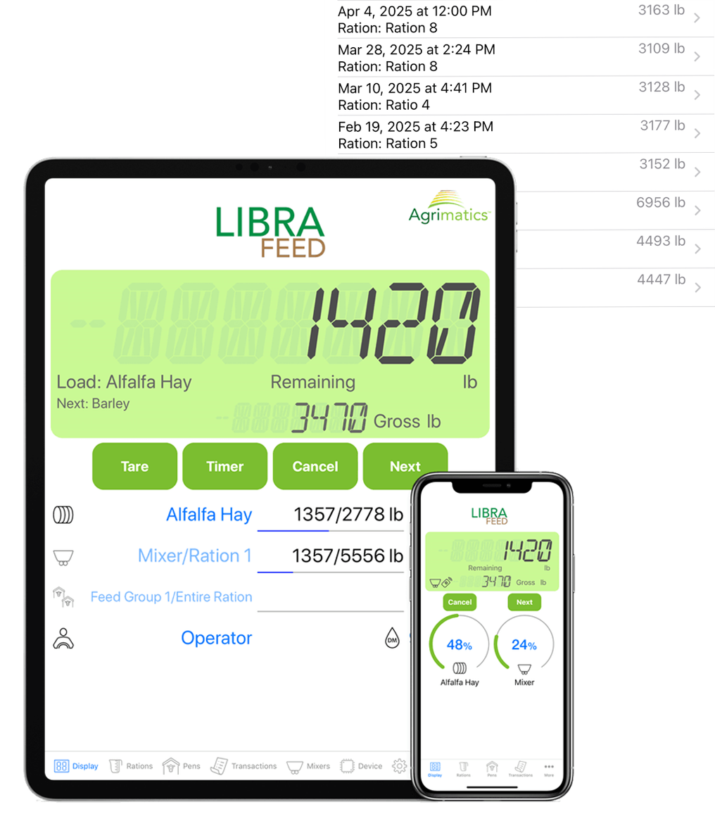 a tablet and phone running th eLibra Feed app with a list of rations from inside the app displayed behind them