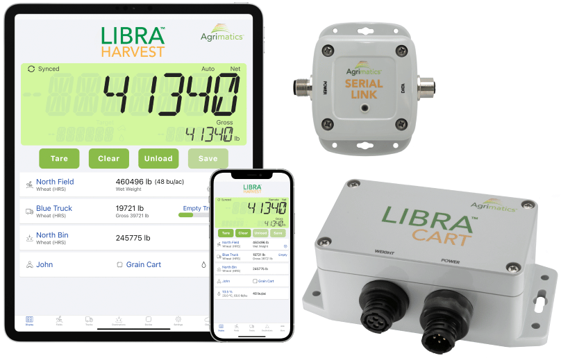 A picture of a tablet running Libra Harvest, a Libra Cart M0014, and Serial Link M0080 hardware